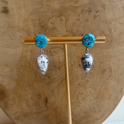 Sterling Silver White Buffalo and Kingman Turquoise Drop Earrings – Choose Your Pair