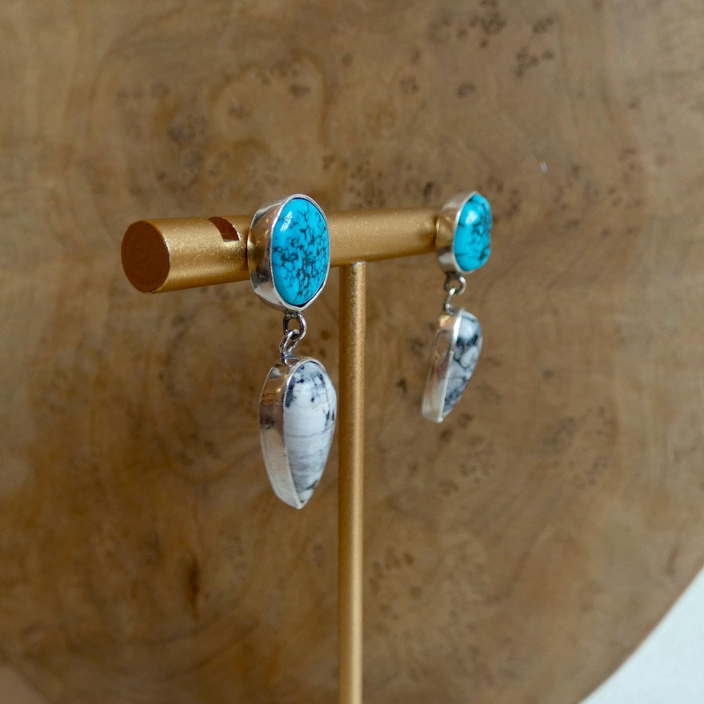 Sterling Silver White Buffalo and Kingman Turquoise Drop Earrings – Choose Your Pair