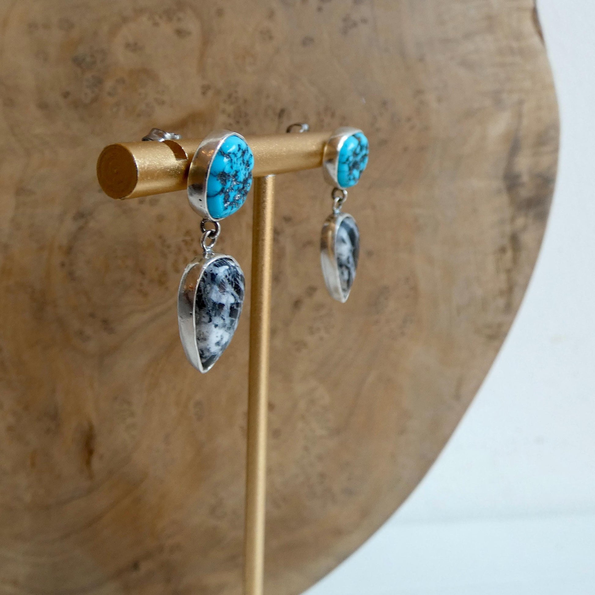 Sterling Silver White Buffalo and Kingman Turquoise Drop Earrings – Choose Your Pair