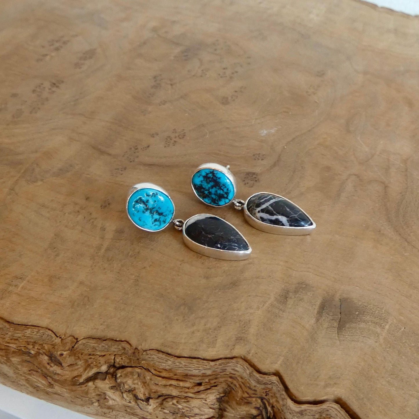 Sterling Silver White Buffalo and Kingman Turquoise Drop Earrings – Choose Your Pair
