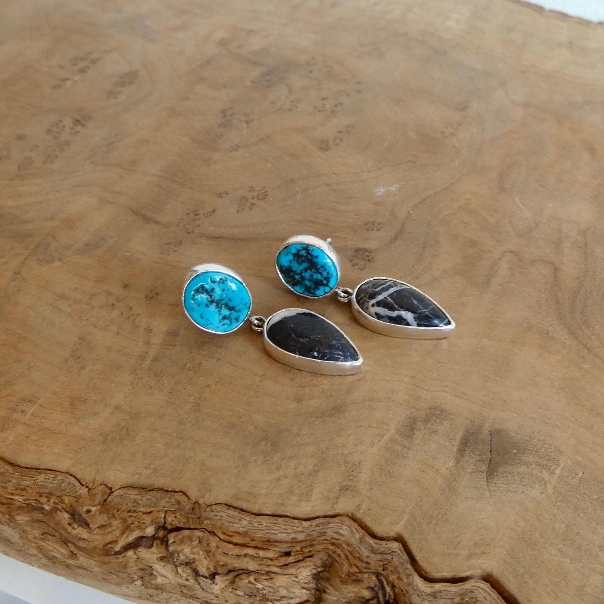 Sterling Silver White Buffalo and Kingman Turquoise Drop Earrings – Choose Your Pair