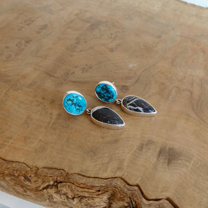 Sterling Silver White Buffalo and Kingman Turquoise Drop Earrings – Choose Your Pair