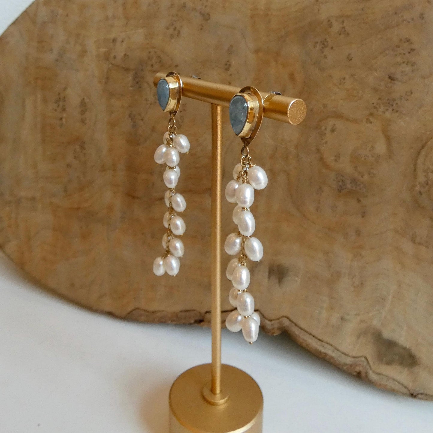 Aquamarine Wedding Earrings with Long Pearl Dangles - 14 KT Gold