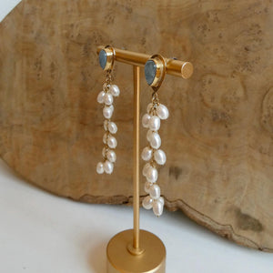 Aquamarine Wedding Earrings with Long Pearl Dangles - 14 KT Gold