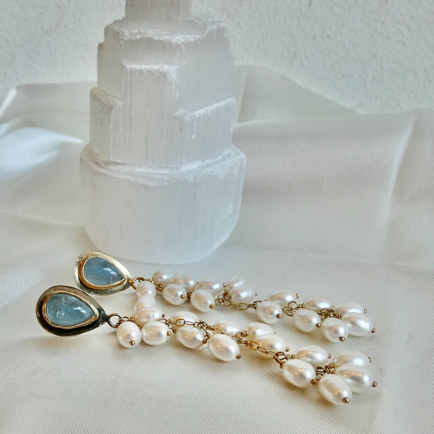 Aquamarine Wedding Earrings with Long Pearl Dangles - 14 KT Gold