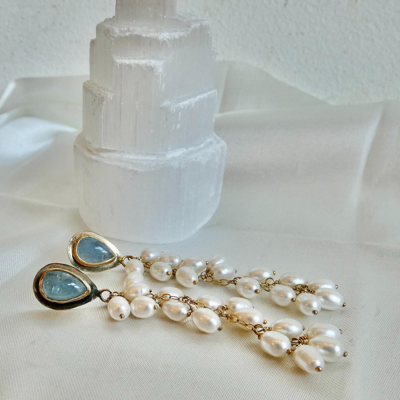 Aquamarine Earrings with Long Pearl Dangles - 14 KT Gold