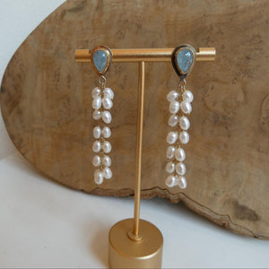 Aquamarine Wedding Earrings with Long Pearl Dangles - 14 KT Gold