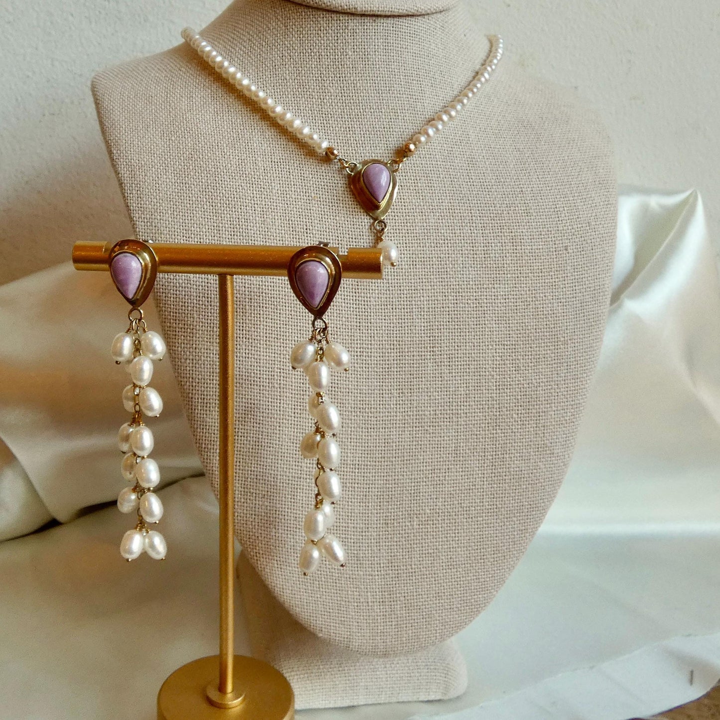 Phosphosiderite Earrings 14KT Gold - Pearl long drops "drapes" earrings - Violet Color