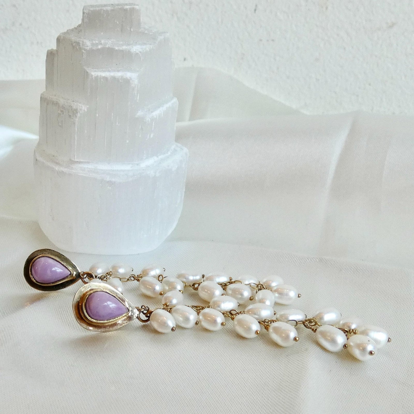 14K Phosphosiderite Earrings - Pearl long drops "drapes" earrings - Violet Color