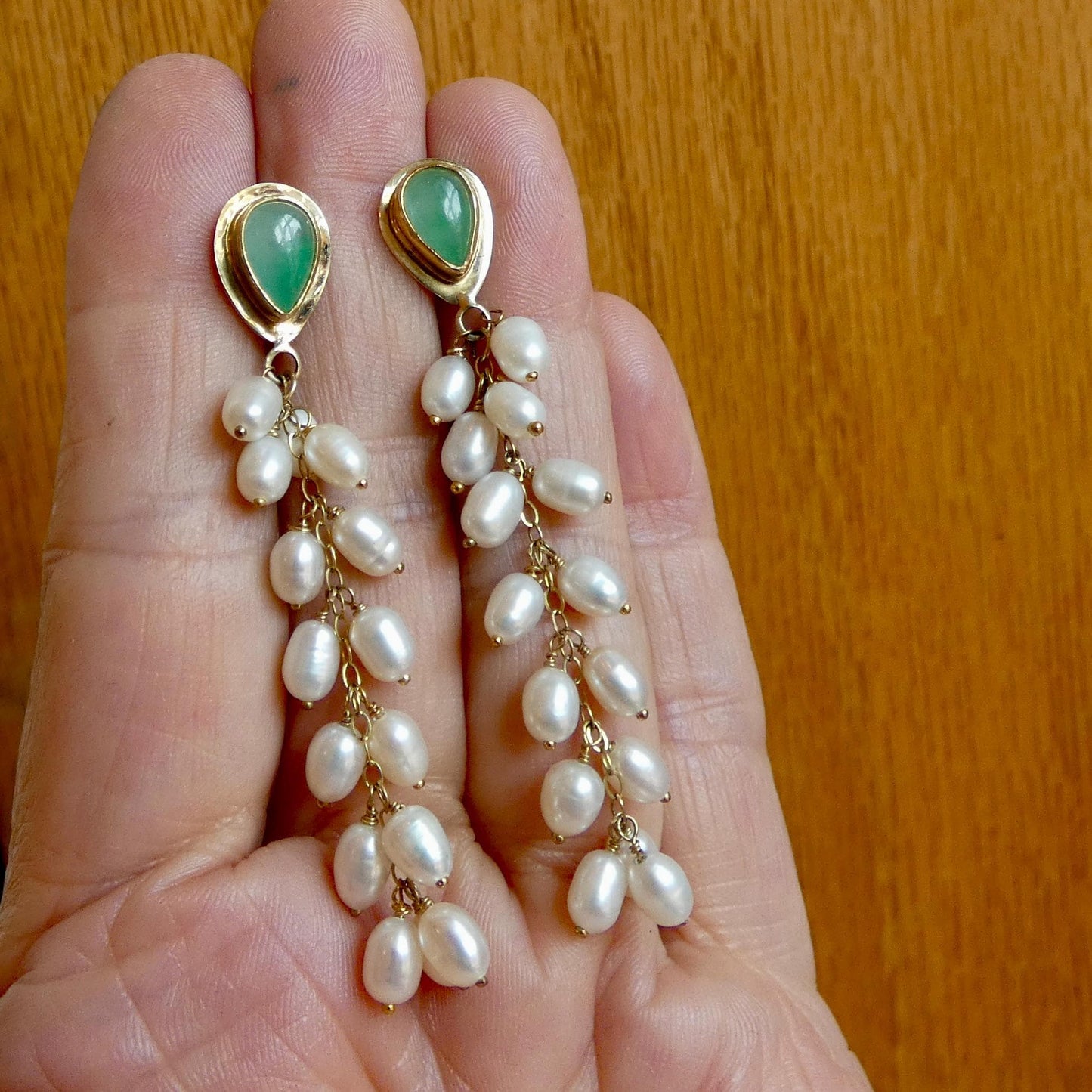 Luxury Jade Earrings with Freshwater Pearl Drapes - 14 KT Gold