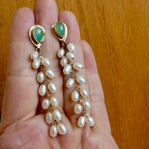 Luxury Jade Earrings with Freshwater Pearl Drapes - 14 KT Gold