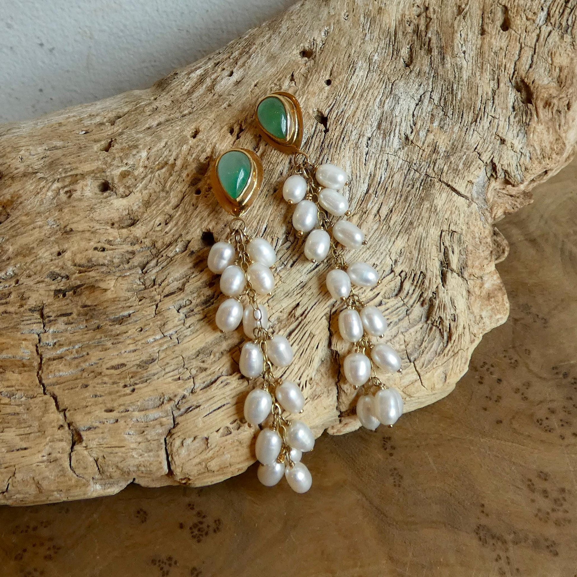 Luxury Jade Earrings with Freshwater Pearl Drapes - 14 KT Gold