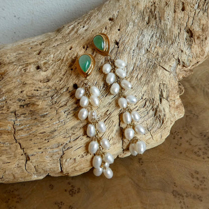 Luxury Jade Earrings with Freshwater Pearl Drapes - 14 KT Gold