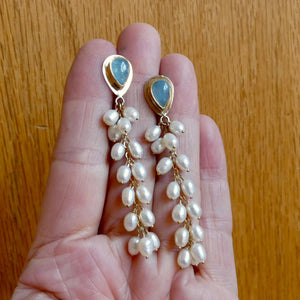 Aquamarine Wedding Earrings with Long Pearl Dangles - 14 KT Gold