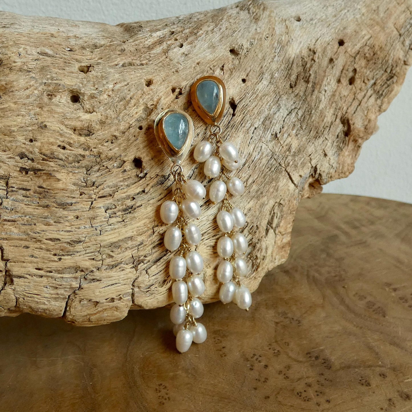 Aquamarine Wedding Earrings with Long Pearl Dangles - 14 KT Gold