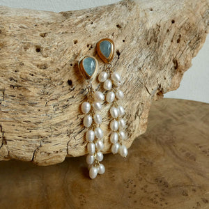 Aquamarine Wedding Earrings with Long Pearl Dangles - 14 KT Gold