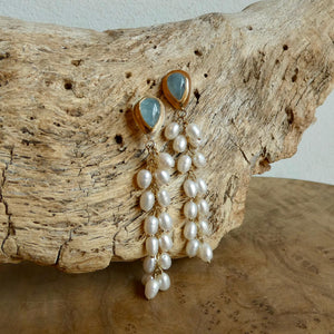 Aquamarine Wedding Earrings with Long Pearl Dangles - 14 KT Gold