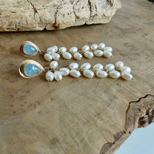 Aquamarine Wedding Earrings with Long Pearl Dangles - 14 KT Gold