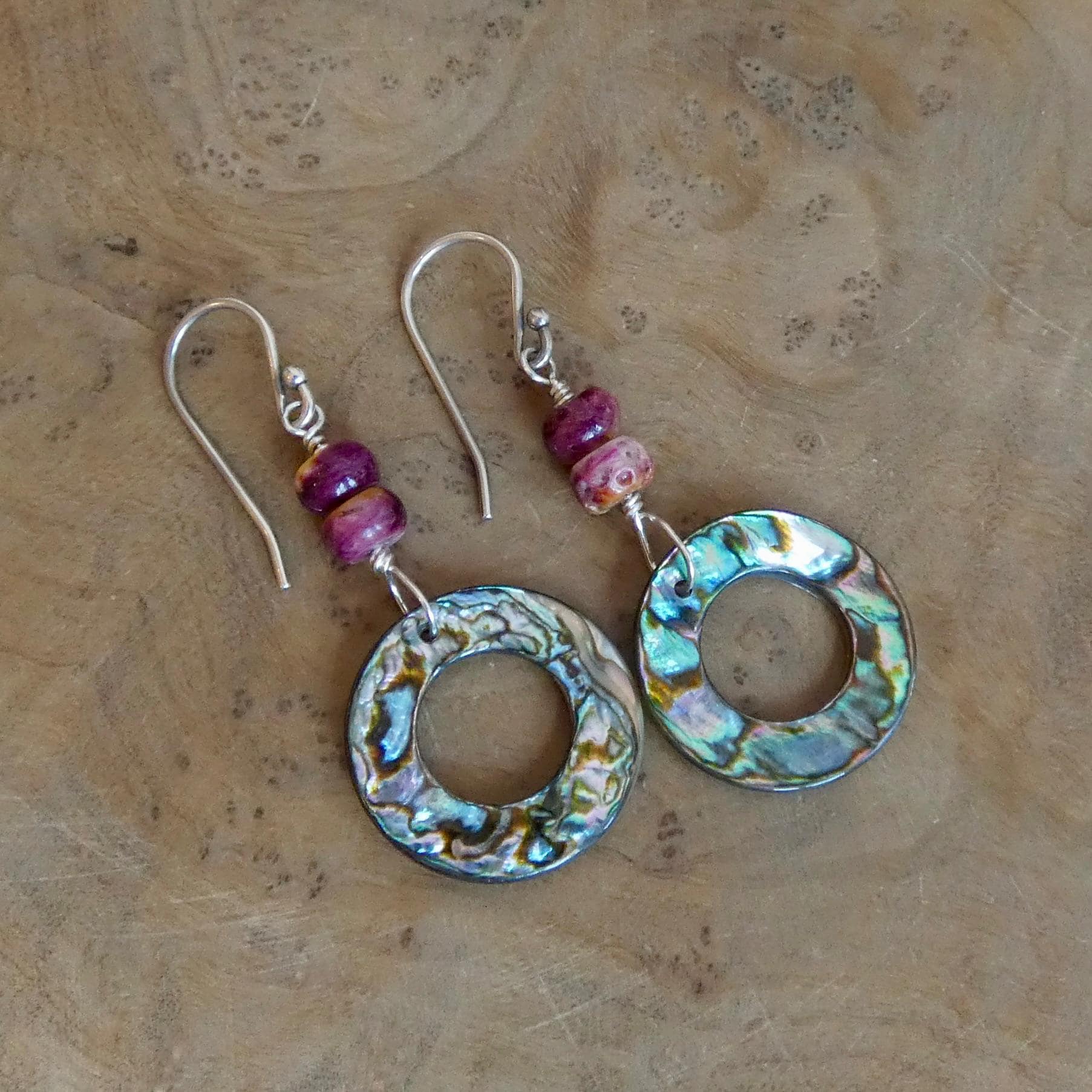 Purple Spiny Oyster Shell and Abalone Earrings- .925 Sterling Silver