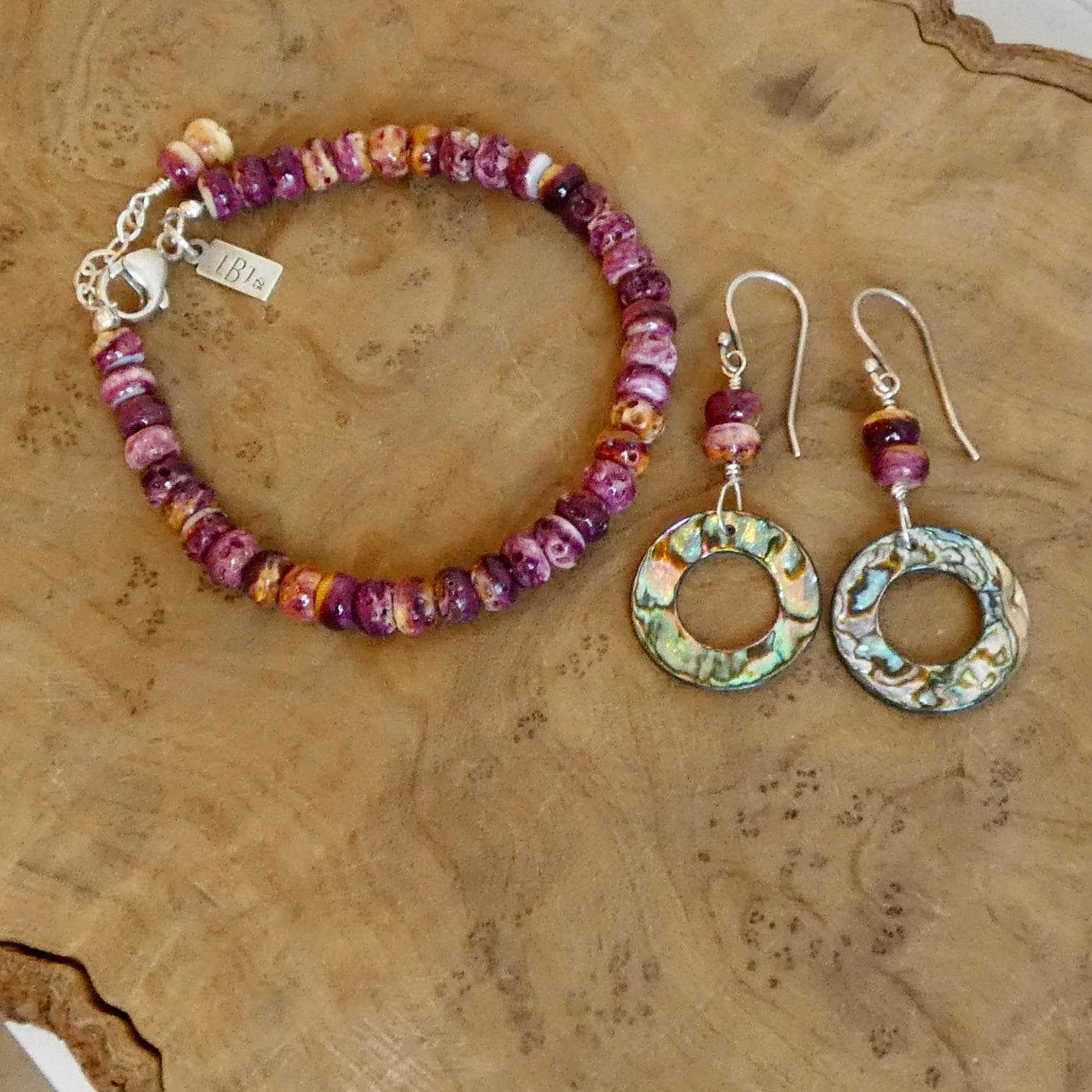 Purple Spiny Oyster Shell and Abalone Earrings- .925 Sterling Silver