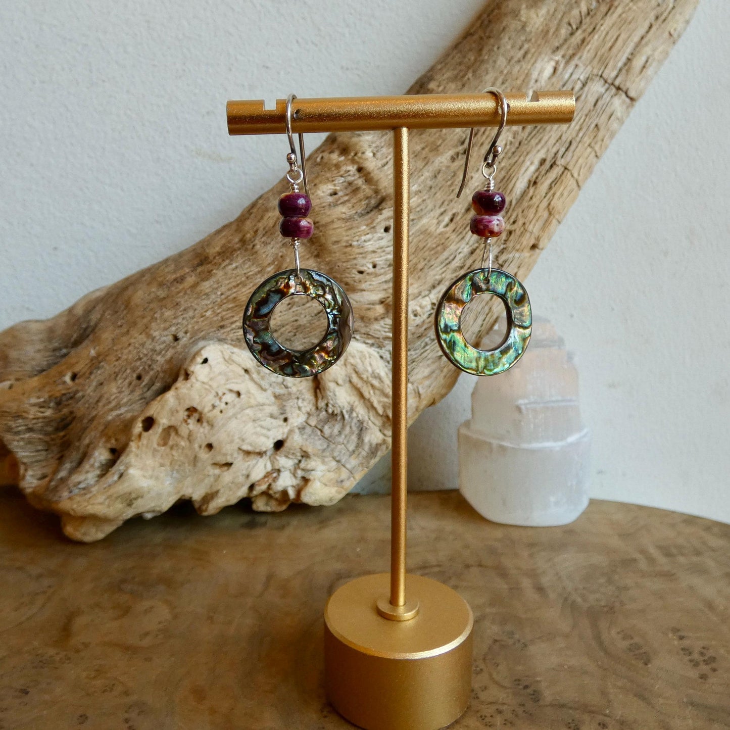 Purple Spiny Oyster Shell and Abalone Earrings- .925 Sterling Silver