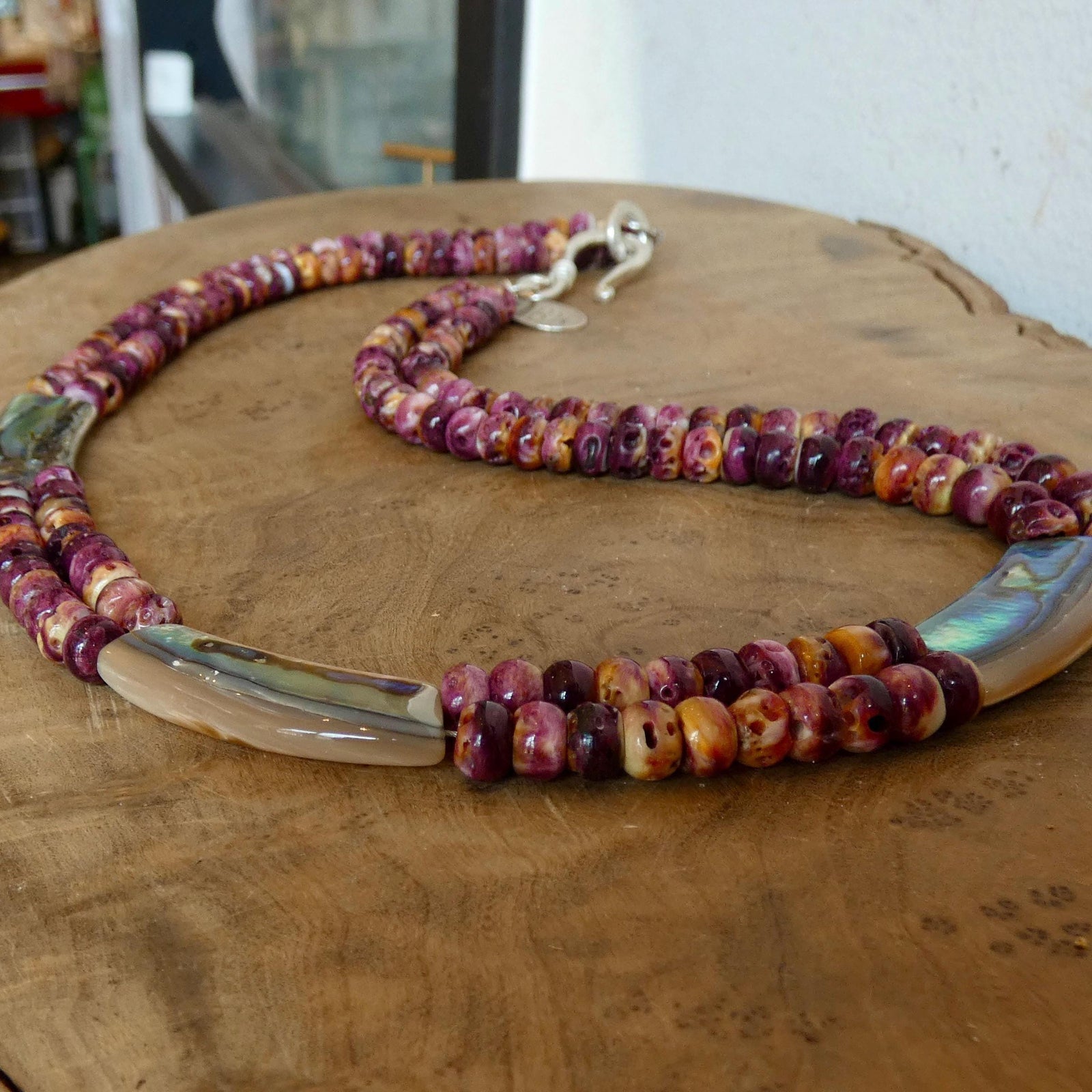 Purple Spiny Oyster Beaded Necklace - Abalone Shell Jewelry - .999 Silver