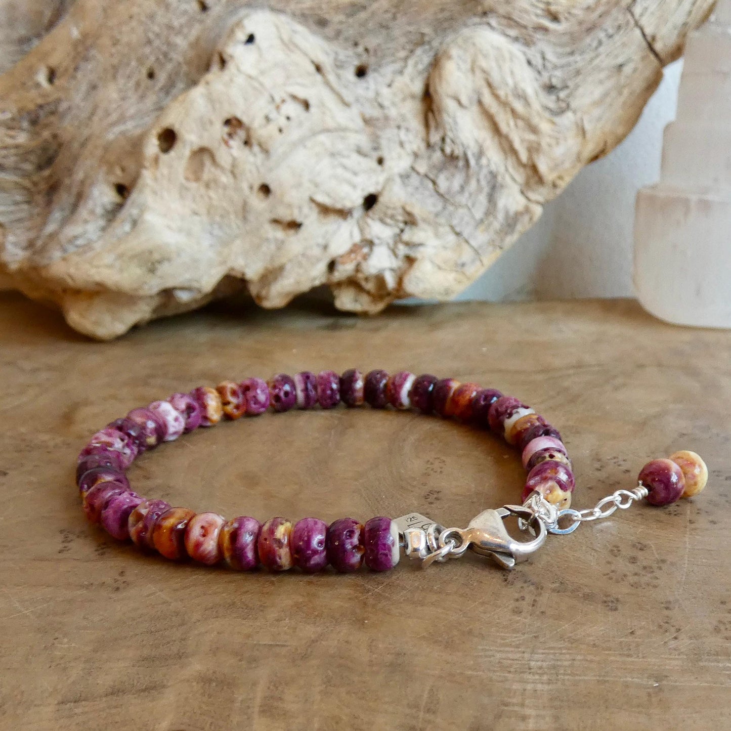 Purple Spiny Oyster Beaded Necklace - Abalone Shell Jewelry - .999 Silver