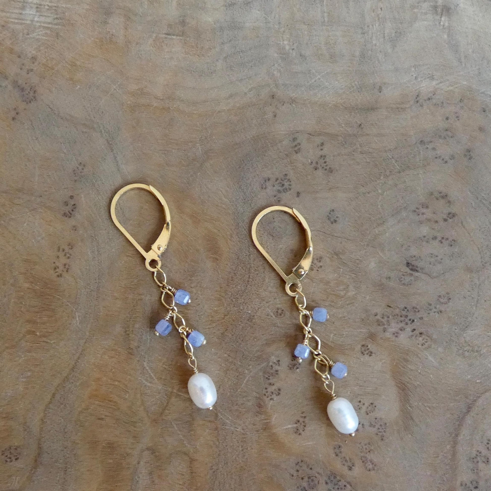 Tanzanite and Pearl Dangle Earrings - 14K Gold Filled Leverbacks