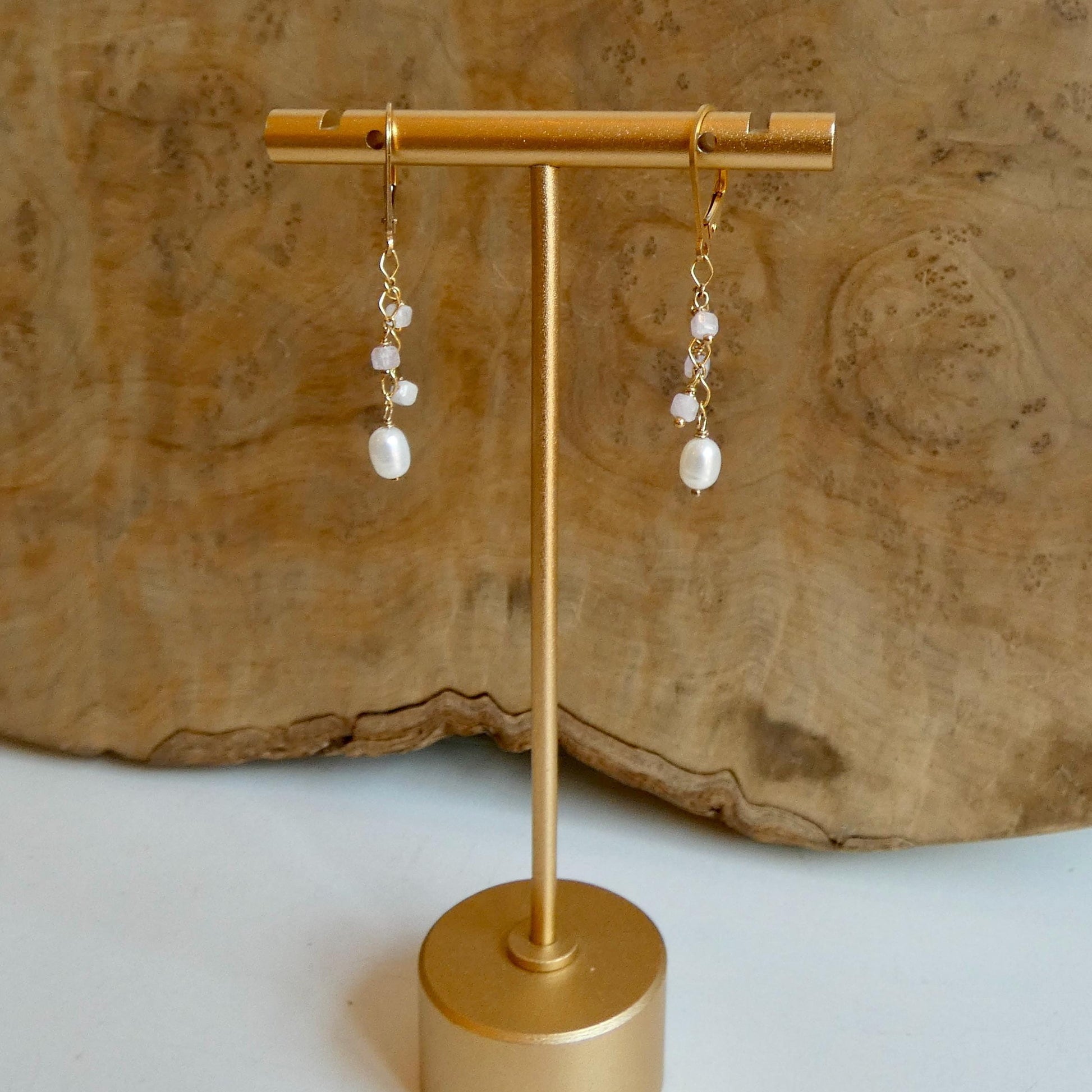 Dainty Kunzite and Pearl Dangle Earrings - 14K Gold Filled Leverbacks