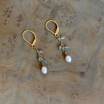 Dainty Aquamarine and Pearl Dangle Earrings - 14K Gold Filled Leverbacks