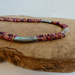 Purple Spiny Oyster Beaded Necklace - Abalone Shell Jewelry - .999 Silver