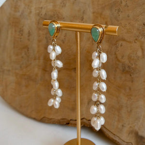 Luxury Jade Earrings with Freshwater Pearl Drapes - 14 KT Gold