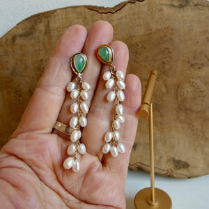 Luxury Jade Earrings with Freshwater Pearl Drapes - 14 KT Gold