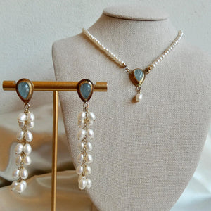 Aquamarine Wedding Earrings with Long Pearl Dangles - 14 KT Gold