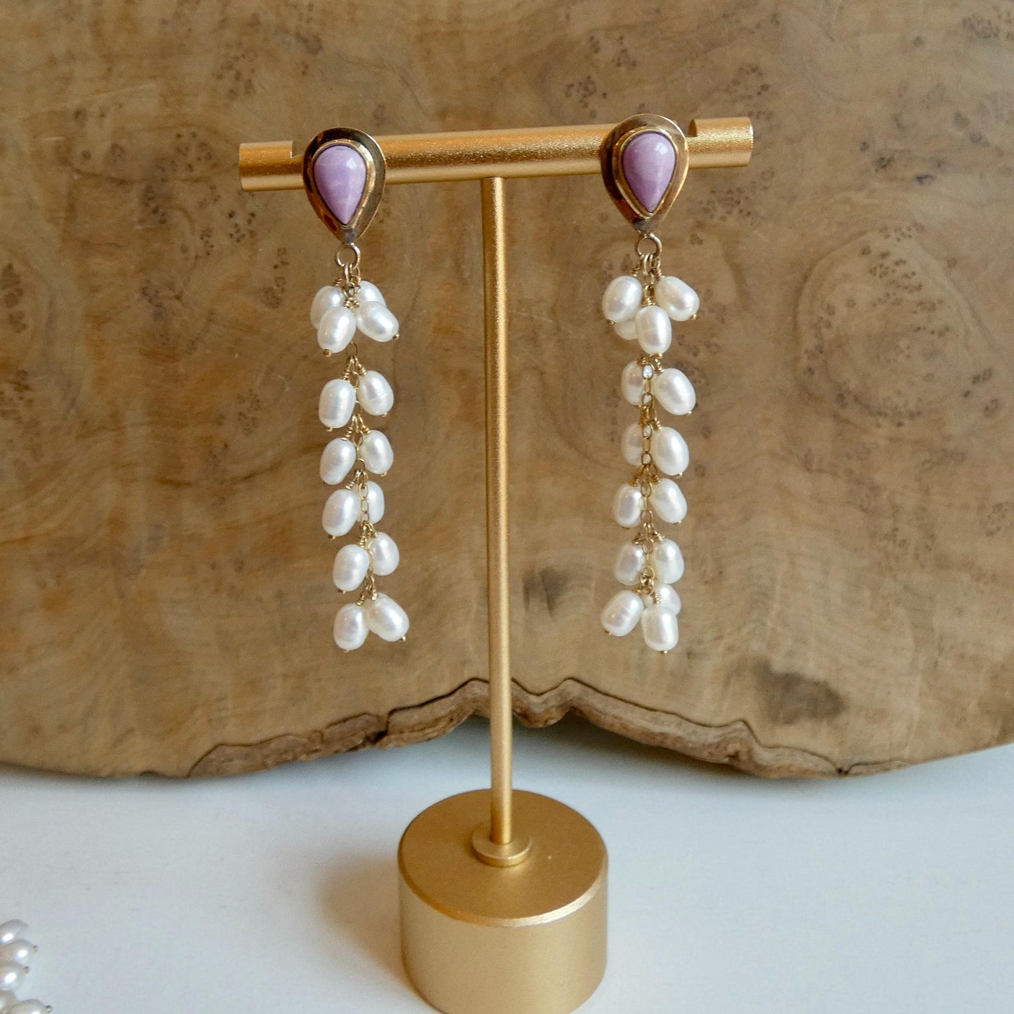 Phosphosiderite Earrings 14KT Gold - Pearl long drops "drapes" earrings - Violet Color