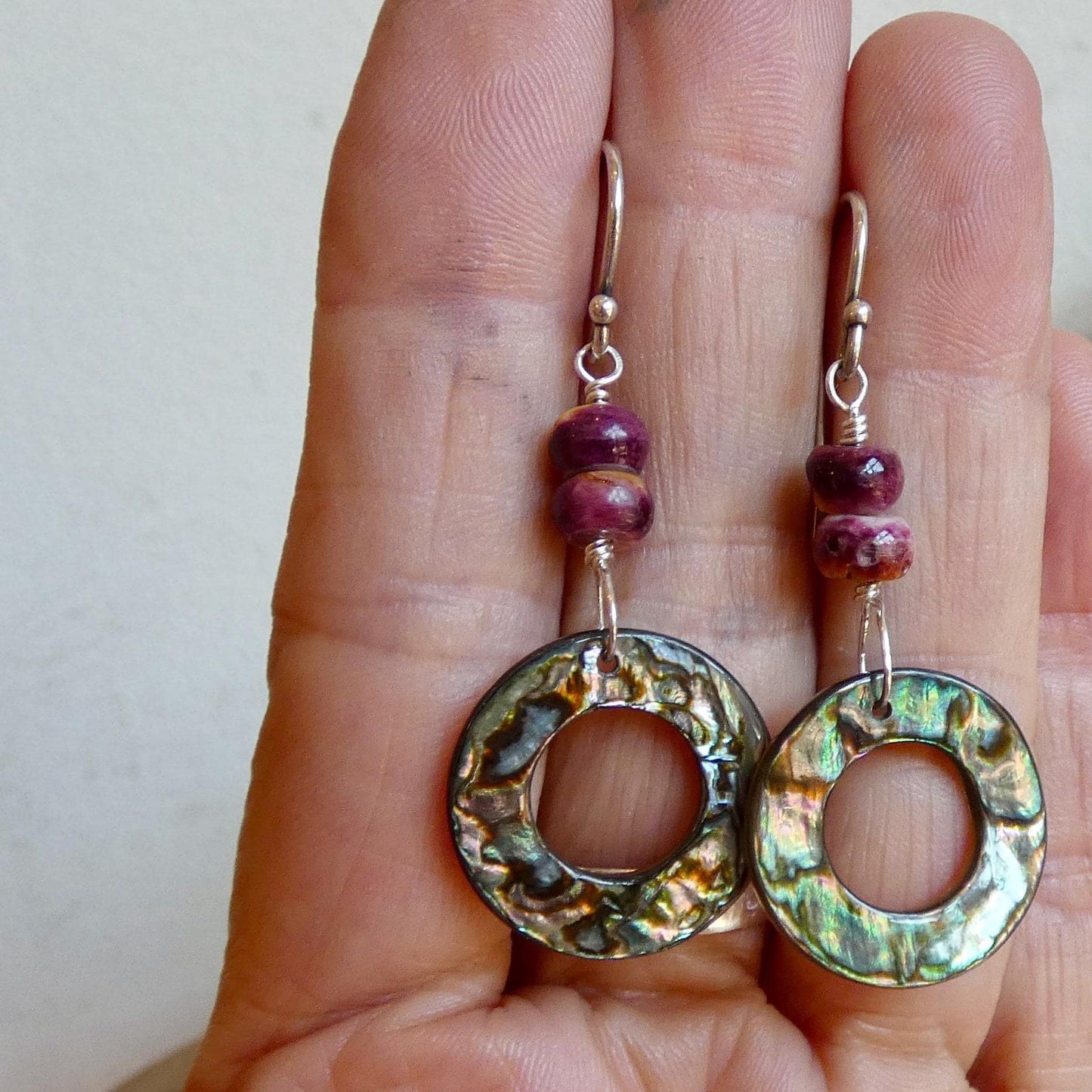 Purple Spiny Oyster Shell and Abalone Earrings- .925 Sterling Silver