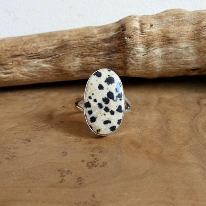 Choose your Big Oval Dalmatian Jasper Ring – Sterling Silver Spotted Stone
