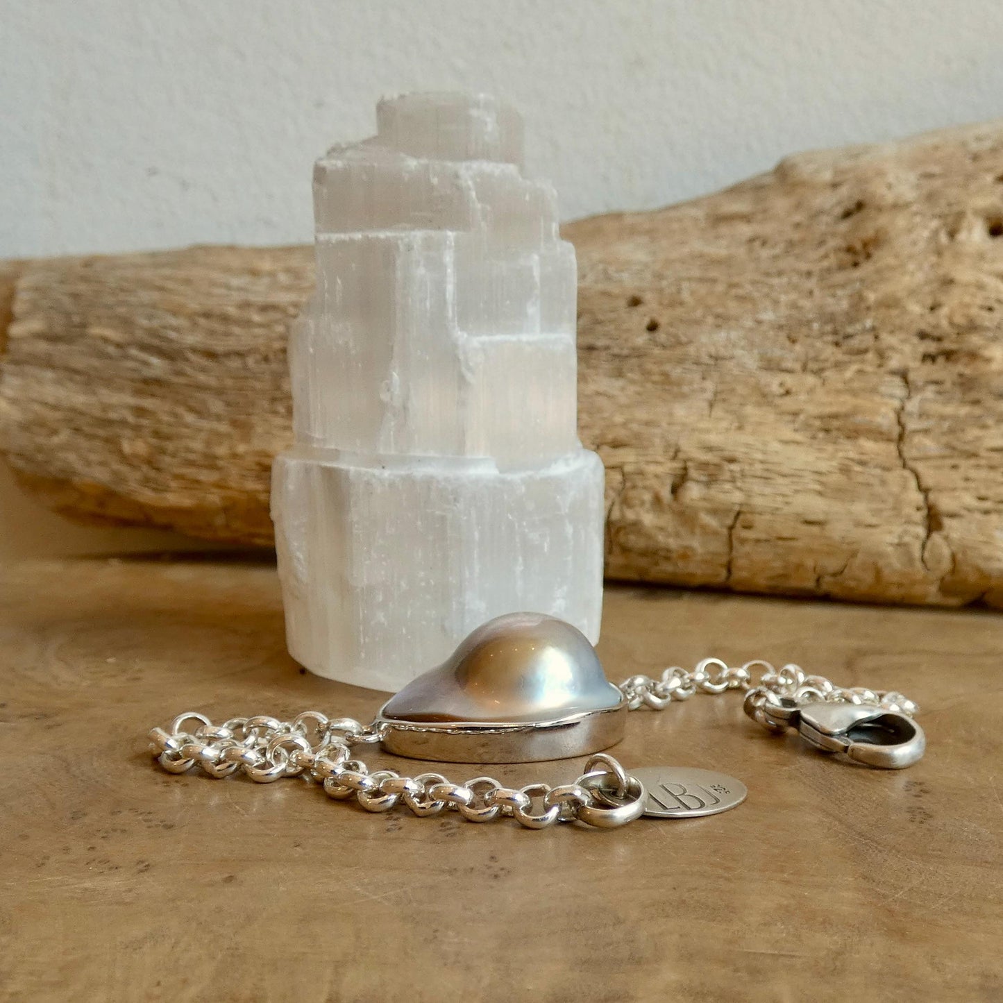 Blister Mabe Pearl .925 Rolo Chain Bracelet - Chunky Sterling Silver
