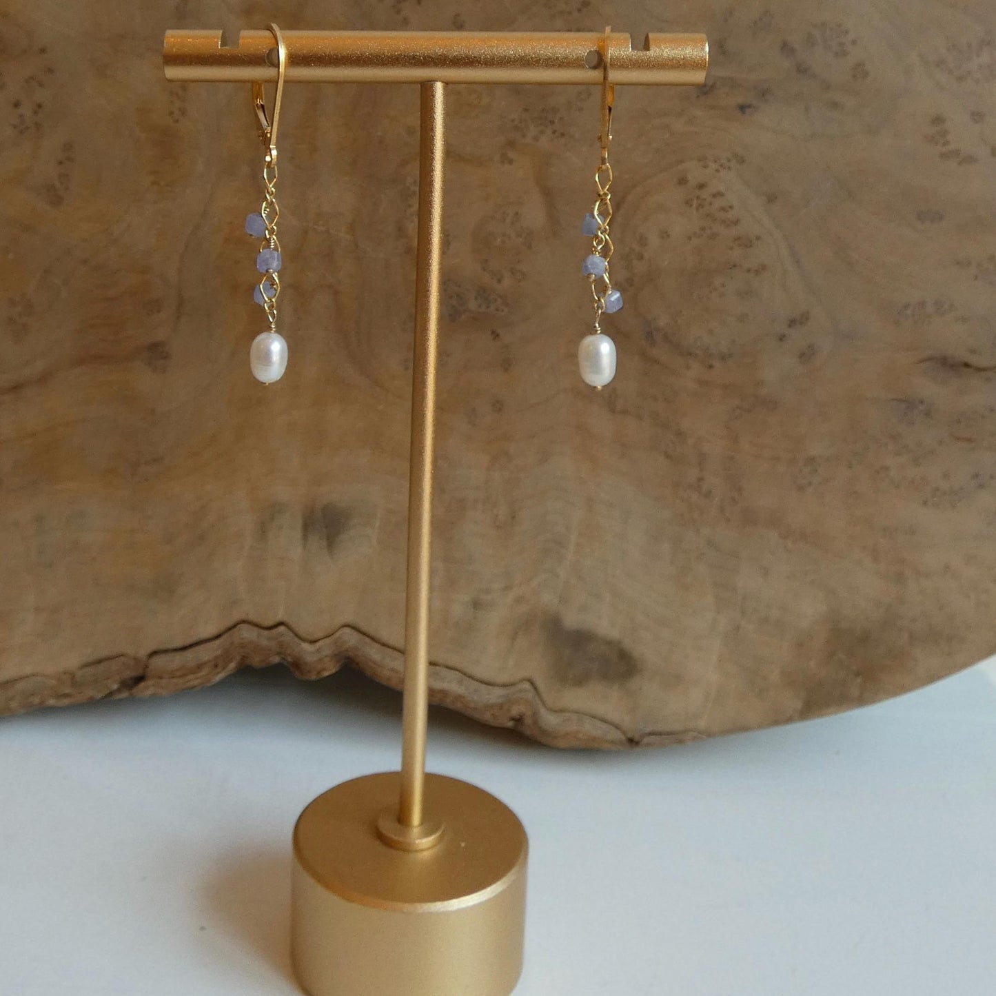 Tanzanite and Pearl Dangle Earrings - 14K Gold Filled Leverbacks