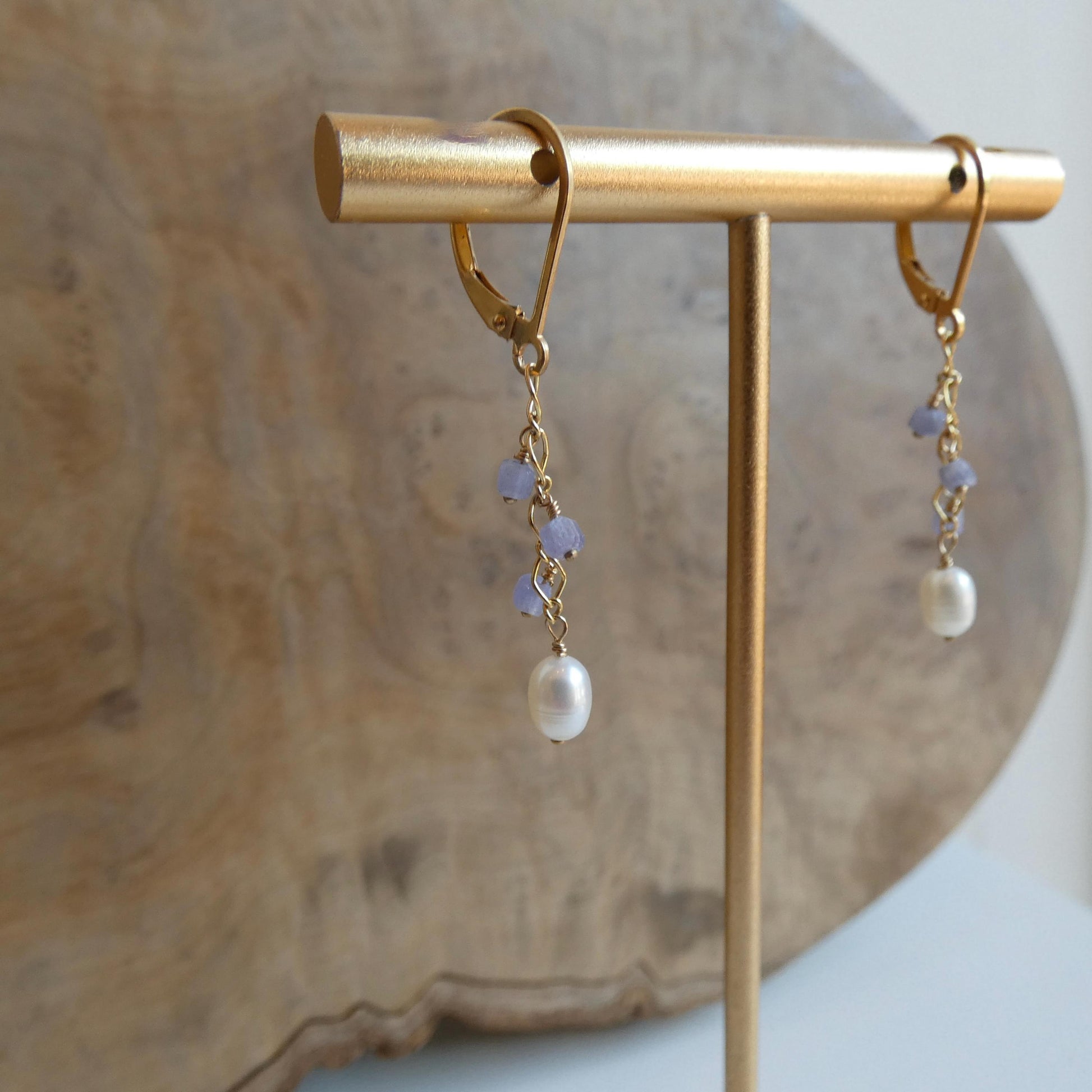Tanzanite and Pearl Dangle Earrings - 14K Gold Filled Leverbacks