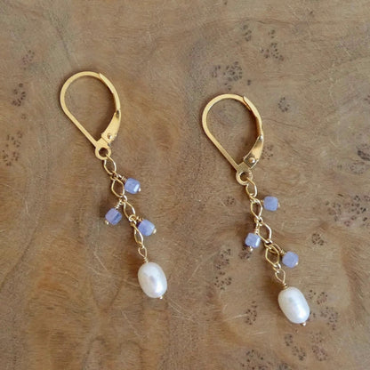 Tanzanite and Pearl Dangle Earrings - 14K Gold Filled Leverbacks