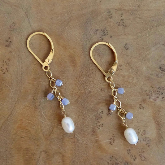 Tanzanite and Pearl Dangle Earrings - 14K Gold Filled Leverbacks