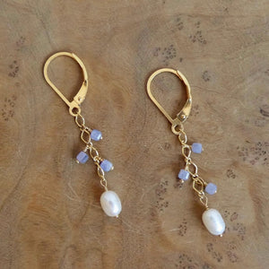 Tanzanite and Pearl Dangle Earrings - 14K Gold Filled Leverbacks