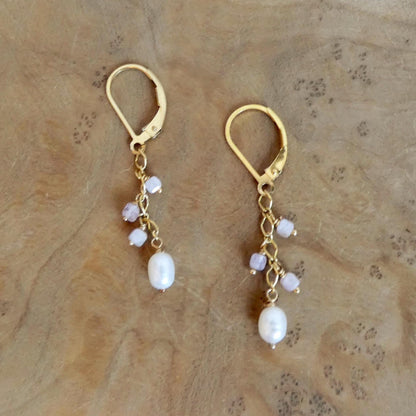 Dainty Kunzite and Pearl Dangle Earrings - 14K Gold Filled Leverbacks
