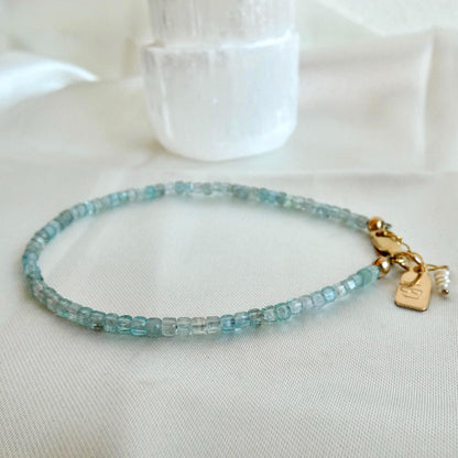Aquamarine Beaded Bracelet - 14K Gold Filled - Freshwater Pearl Accent
