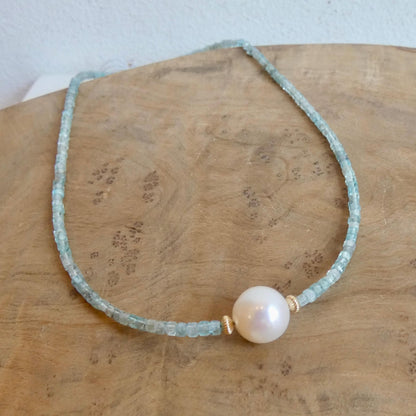 Dainty Aquamarine and Pearl Dangle Earrings - 14K Gold Filled Leverbacks