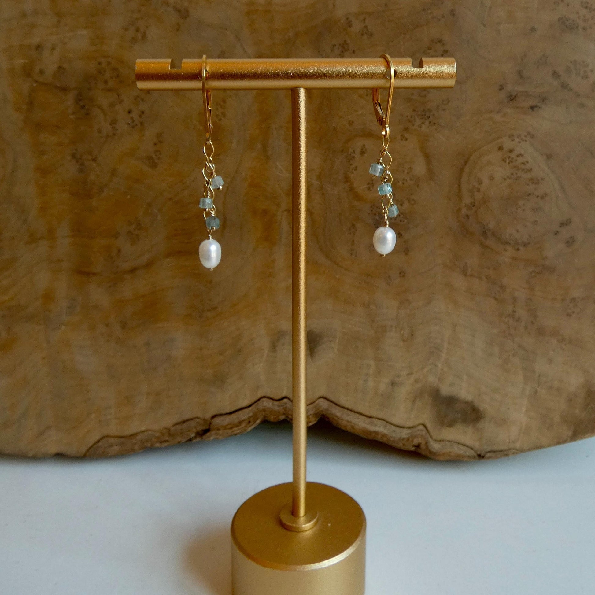 Dainty Aquamarine and Pearl Dangle Earrings - 14K Gold Filled Leverbacks