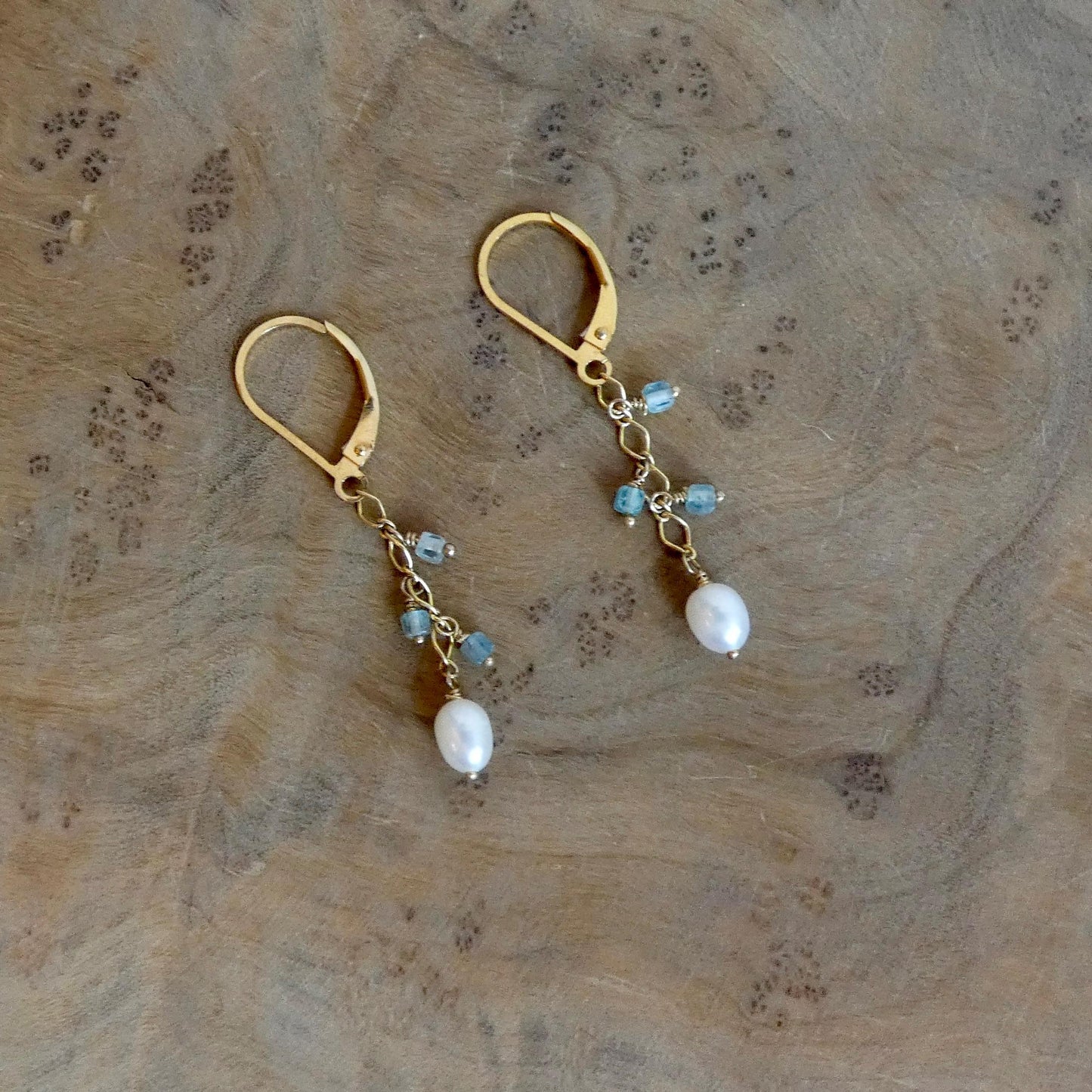 Dainty Aquamarine and Pearl Dangle Earrings - 14K Gold Filled Leverbacks