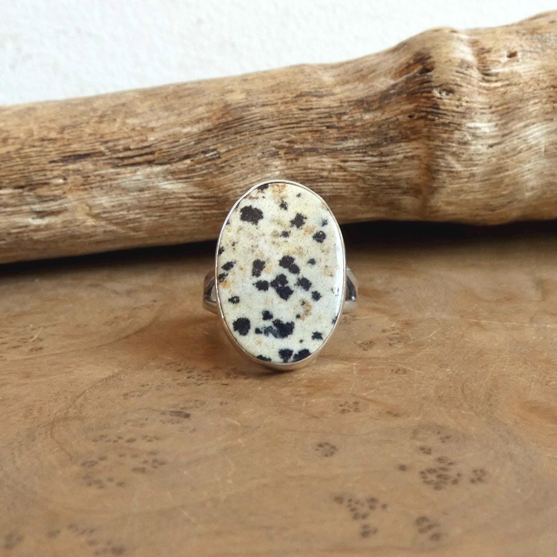 Choose your Big Oval Dalmatian Jasper Ring – Sterling Silver Spotted Stone