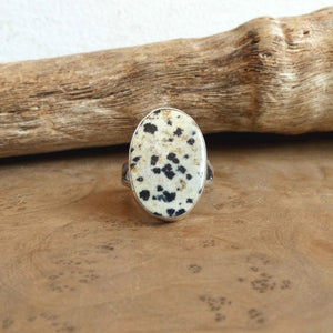 Dalmatian Jasper Ring - Big Spotted Jasper Ring - Black & White Stone Ring - Sterling Silver